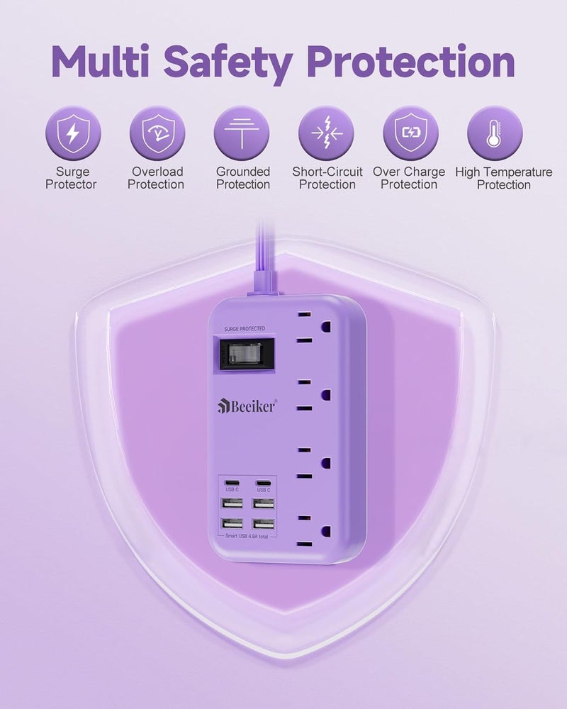 Beeiker 6 USB(2 USB C) Purple Travel Power Strip- 5Ft Lavender Extension Cord with 24W USB Charging Station and 4 Outlets, Purple Desk Accessories with Surge Protector for Cute Kawaii Office Dorm Room - Image 5